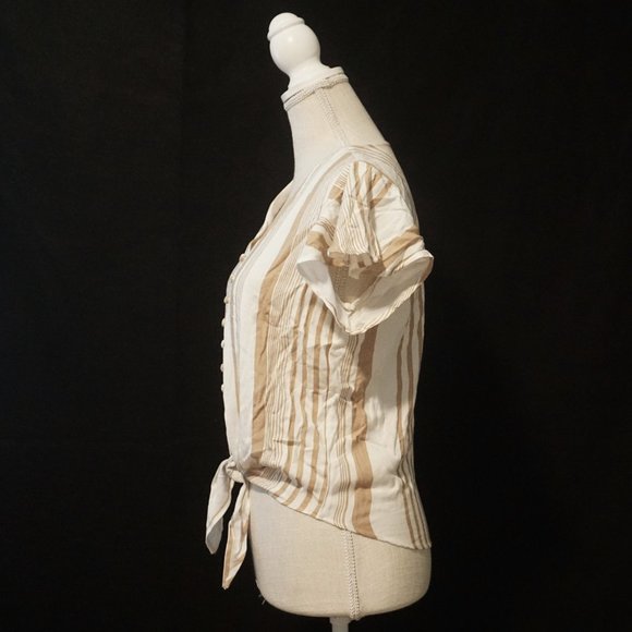 Sim & Sam Ivory and Tan Stripped Top with Tie at Waist Women’s Medium - Picture 2 of 4